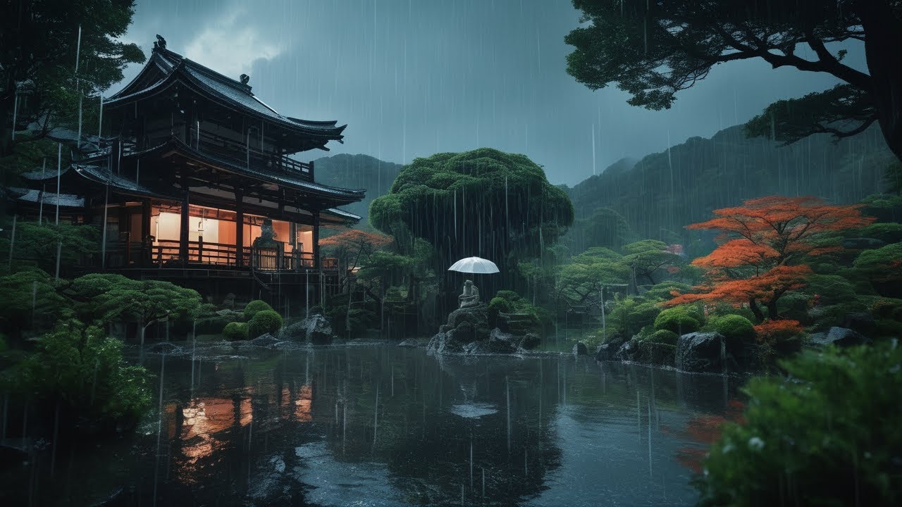 The sound of rain and thunder pounding down on the ship far away from ...