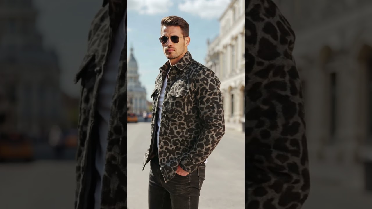 Men's Classic Vintage Tough-guy Style Denim Jacquard Leopard Print Long-sleeved Shirt