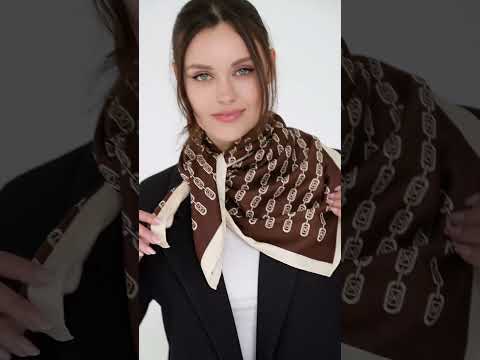 Жіноча хустка бежева, коричнева, легкий шарф, шовкова хустка на голову, косинка, стильний брендовий платок 90 см, видео 1