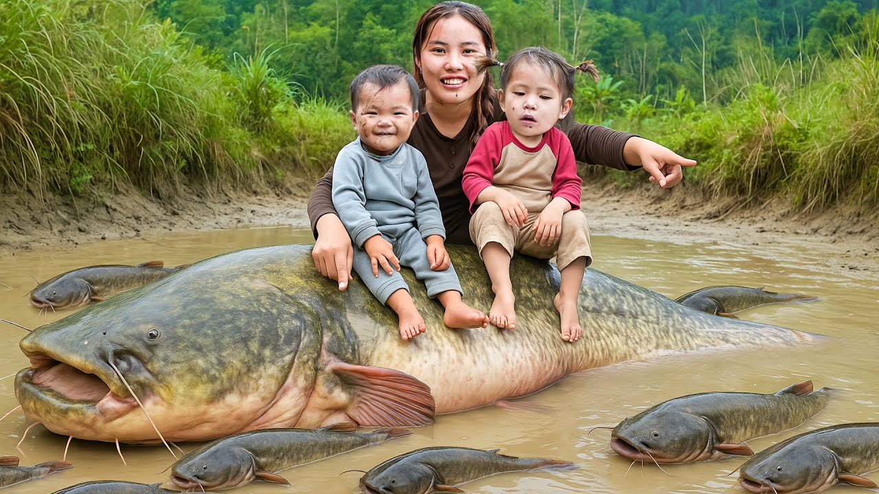 Harvesting 1500+ Giant Carp & Catfish by Hand in a Wild Fish Pond to Sell at the Market with my Kids
