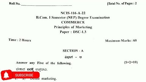 B.com 1Sem Principles of Marketing Qeustion Paper 2022. Gulbarga University. NEP SYALLABUS.