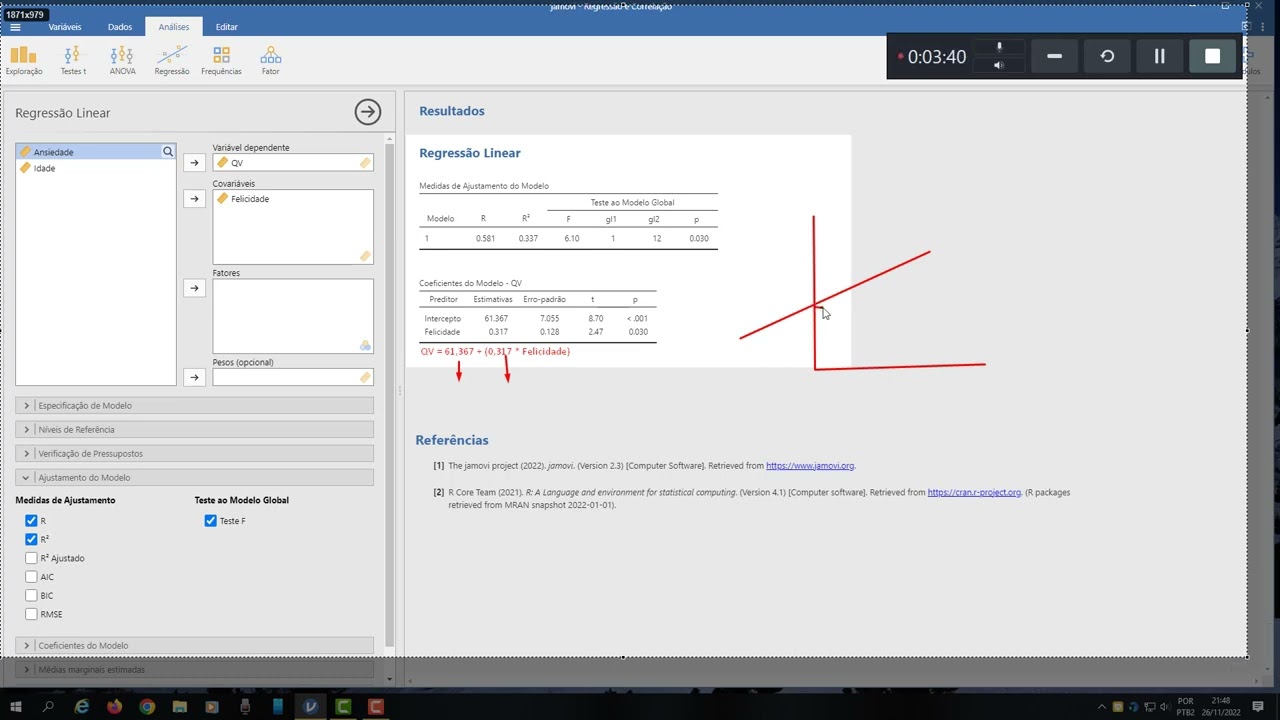 Regressão Linear Simples   JAMOVI