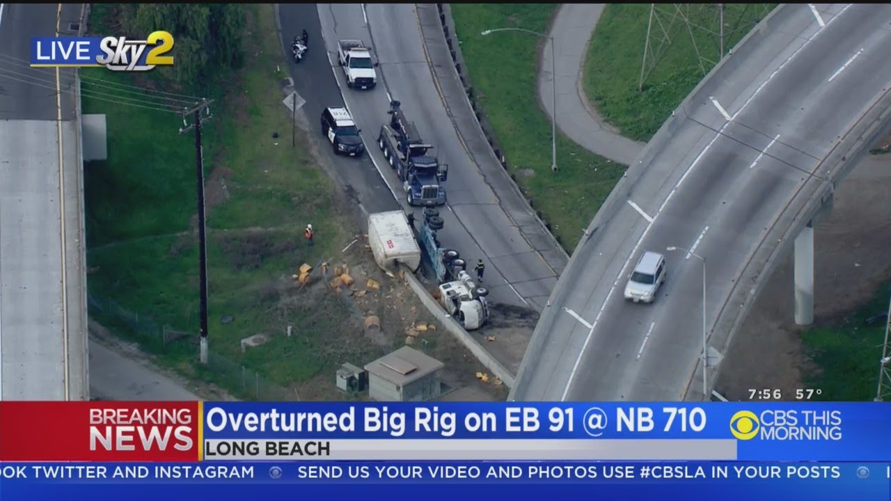 Big Rig Overturns On Transition Road From 91 To 710 Freeway - YouTube