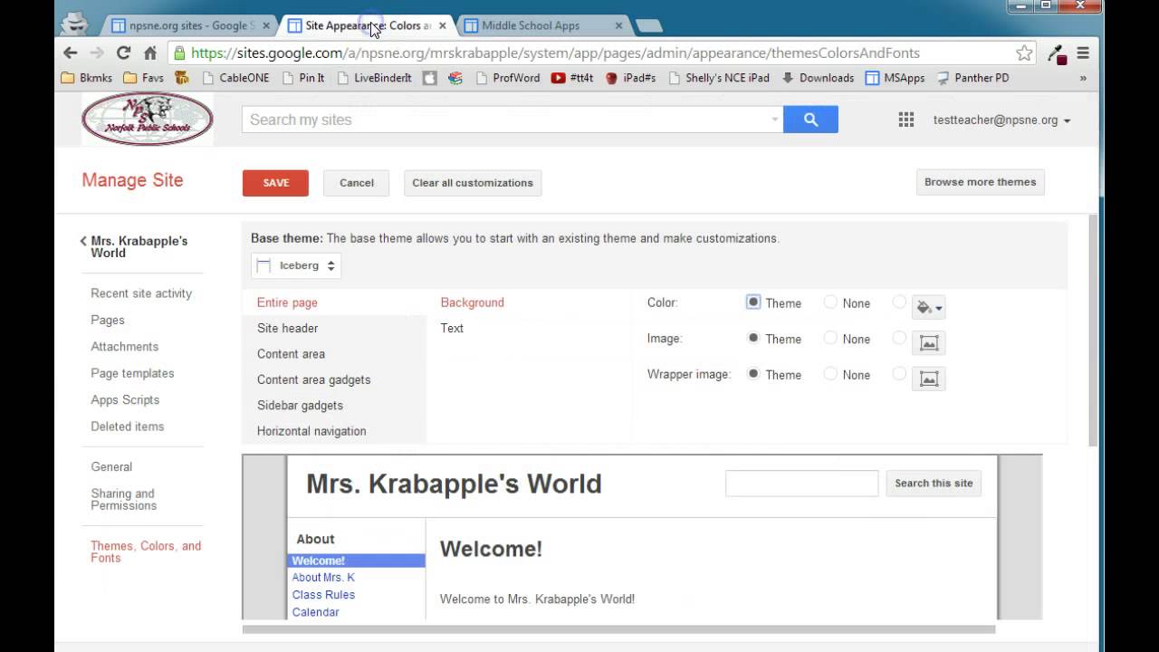 Google Sites Entire Page Settings