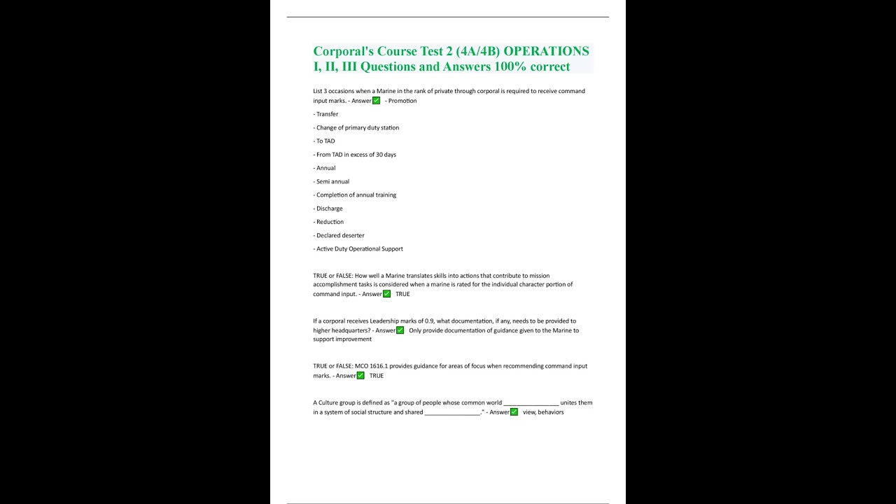 Corporal's Course Test 2 4A 4B OPERATIONS I, II, III Questions and Answers 100% correct