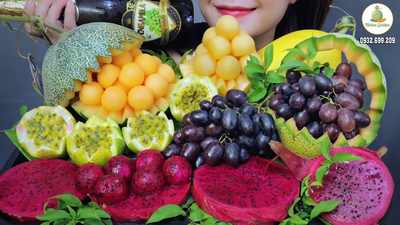 ASMR ORGANIC FRUITS PLATTER (MELON , DRAGON FRUITS ,GRAPES , PASSION FRUIT) EATING SOUNDS| LINH-ASMR