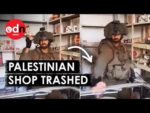 Israeli Soldier Brazenly Trashes Palestinian Shop in Gaza