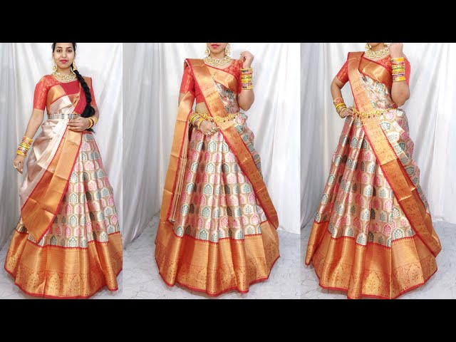 SILK SAREE DRAPING IN LEHENGA STYLE|DOUBLE SAREE DRAPING LEHENGA STYLE|STEP  BY STEP|HINDI - YouTube