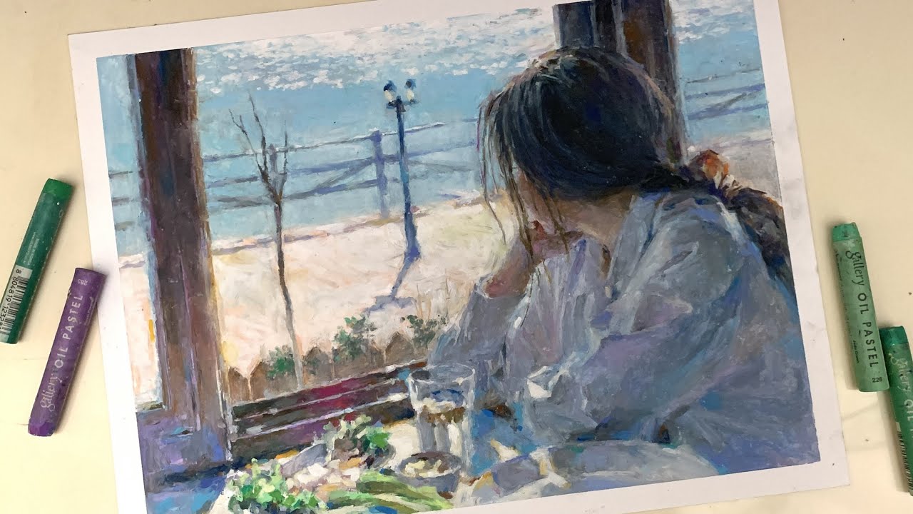 오일파스텔 / 가을, 해변카페 (다른 느낌의 푸른색)