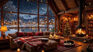 Unwind with Fireplace Sounds &  Soft Snowfall ⛄Relaxing Winter Jazz Music at Cozy Cabin Ambience screenshot 4