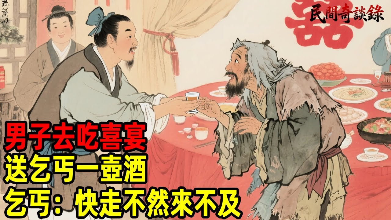 男子去吃喜宴，送乞丐一壺酒，乞丐：快走不然來不及！【民間奇談錄】#民間故事 #台灣傳說 #懸疑故事 #銀髮頻道 #懷舊故事 #助眠故事