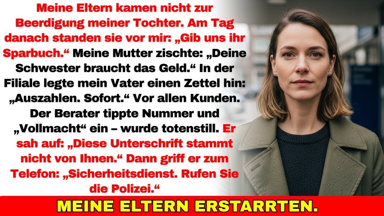 Meine Eltern schwänzten die Beerdigung meiner Tochter — dann wollten sie ihr 260.000€-Sparbuch…