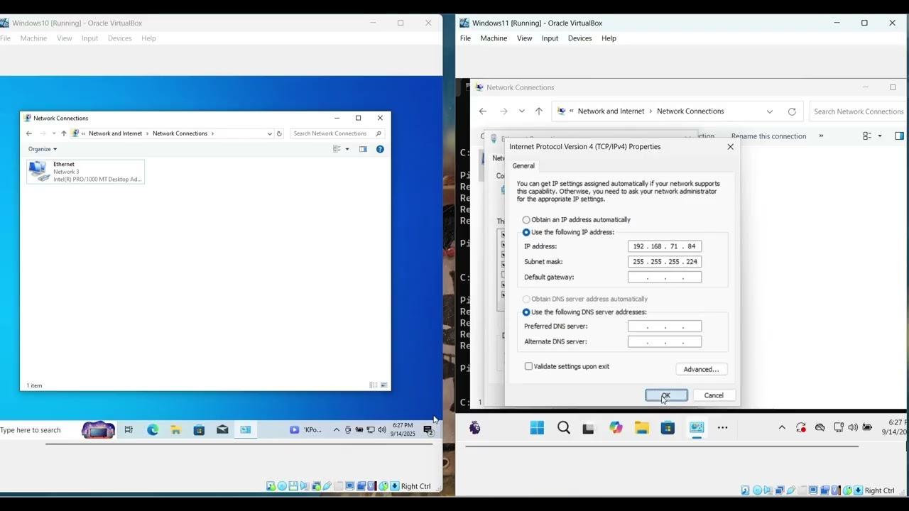 Subnetting in a real network environment | Setting up a /27 network between two virtual machines