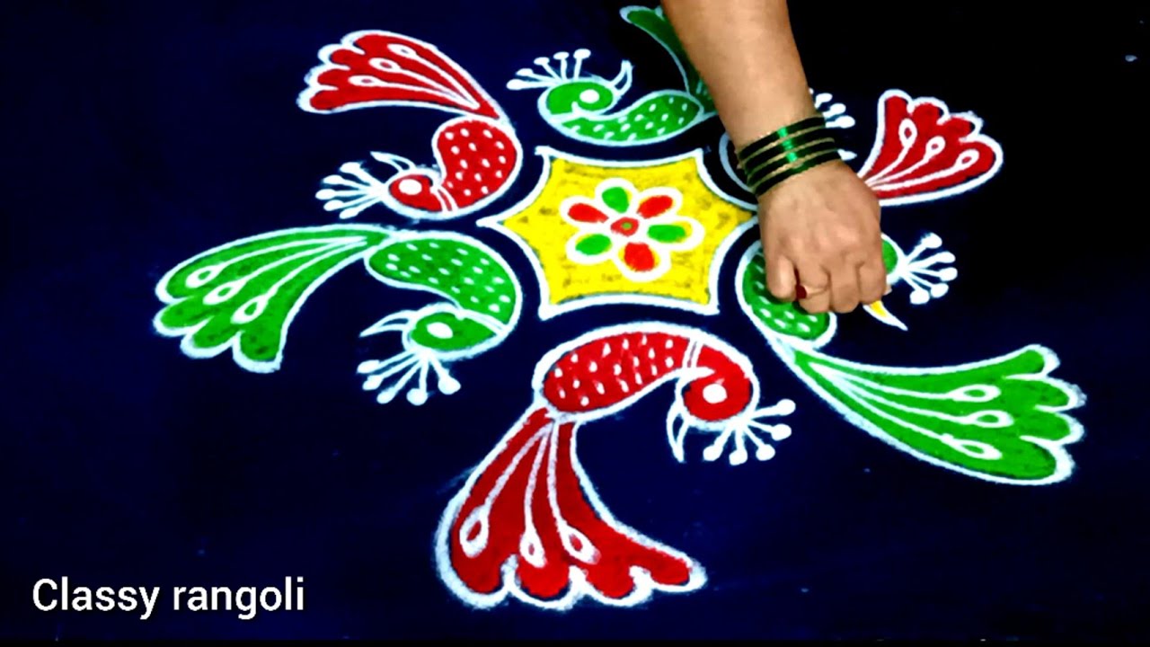 Beautiful peacock rangoli design / Cute birds kolam / Easy bird rangoli ...