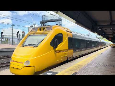 Queensland Rail Travels tilt train The City of Maryborough departing Roma Street heading to Rocky
