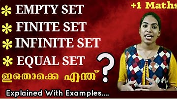 Part-2| Empty Set, Equal Set, Finite Set,  Infinite Set,|Plus One| Maths| Chap:SETS  | In Malayalam