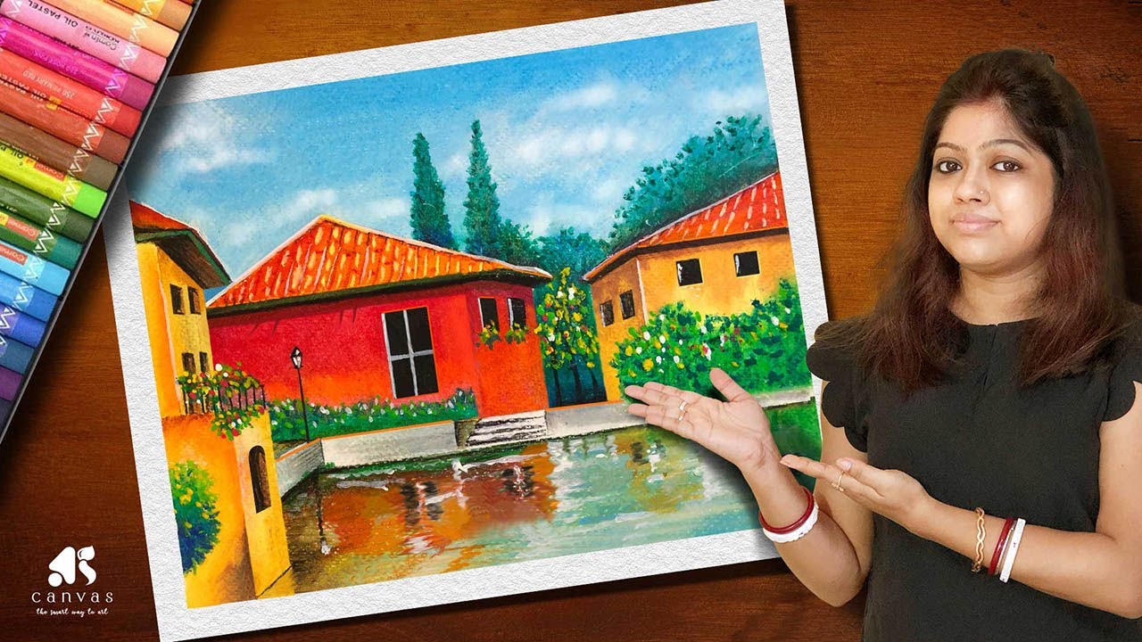 European City Drawing with Oil Pastel / Oil Pastel Scenery Drawing for Beginners / Step by Step