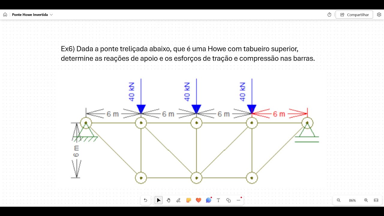 Ex6) Ponte Howe com Tabuleiro Superior - Treliça - cálculo dos esforços de tração e compressão