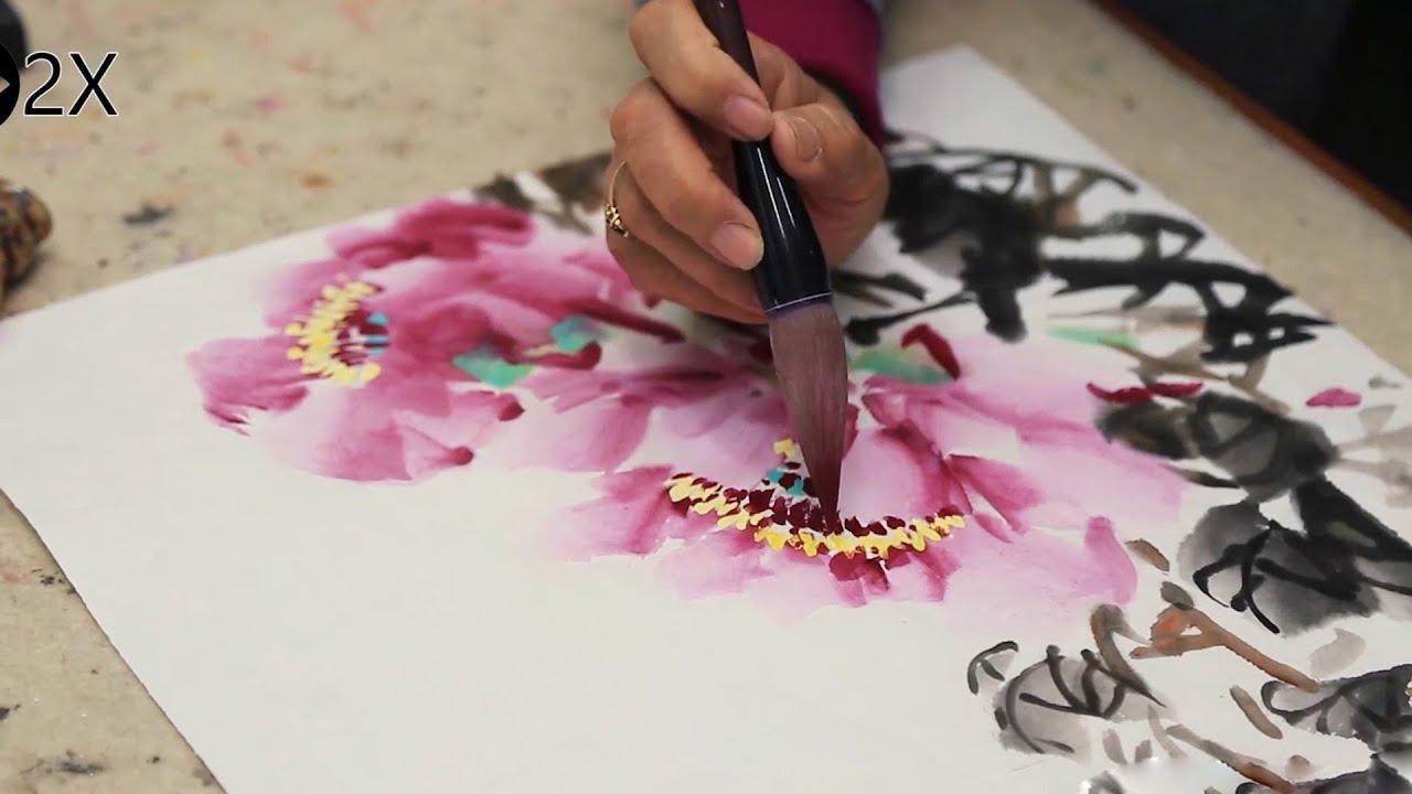 Butterfly and peonies - Chinese art ink wash painting - YouTube