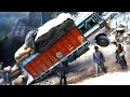 Dangerous Overload Truck Driving in Climbing Steep Hills Extremely Slippery & Crossing River