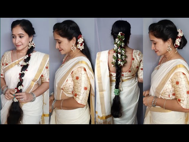 Onam saree | side braid | Jasmine hair style | Kerala look | kerala saree |  Jasmine hair, Side braid, Onam saree