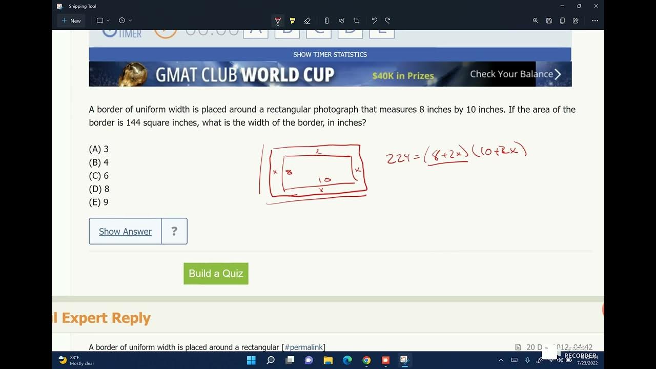 A border of uniform width is placed around a rectangular photograph that measures 8 inches by 10