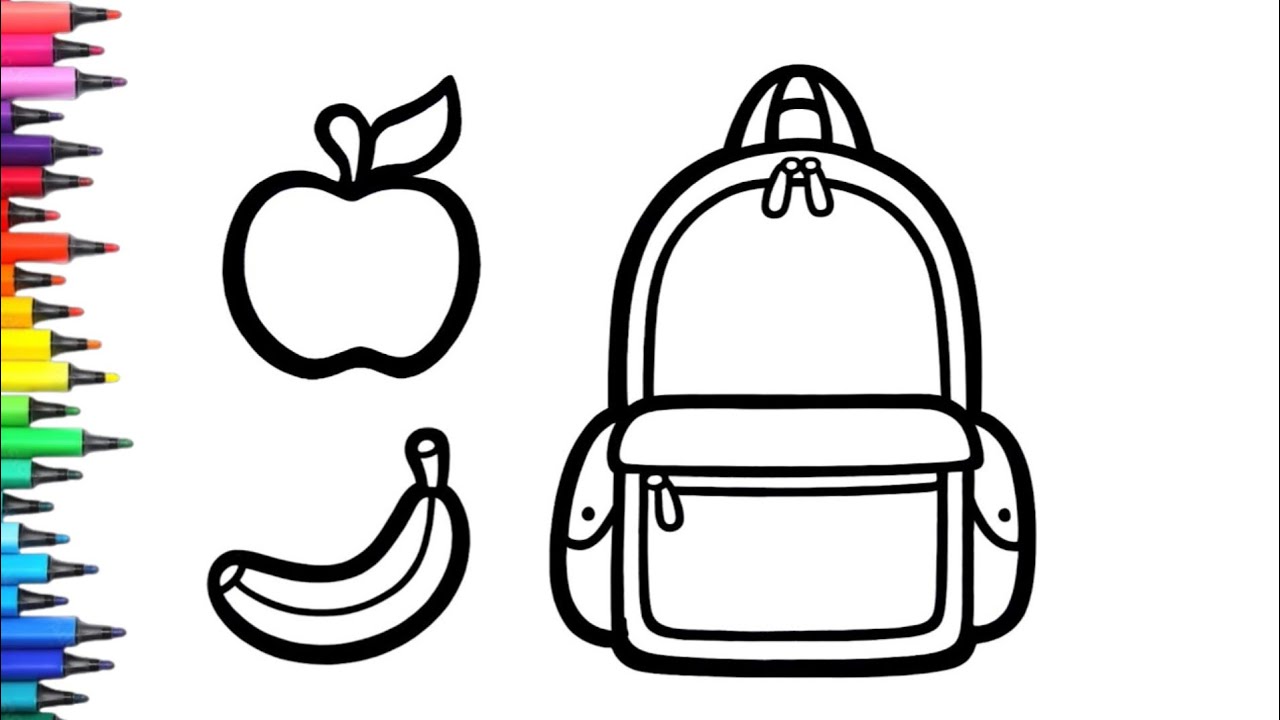 Школьный рюкзак с яблоком 🍏 и бананом 🍌. Рисование, раскрашивание и живопись для детей и малышей....