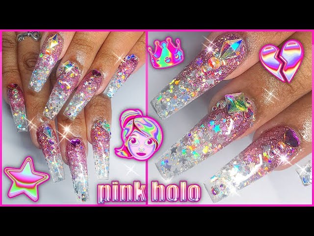Watch Me Work: Pink & Silver Holo Glitter Glass Acrylic Sculpted Long Coffin Bling Nails