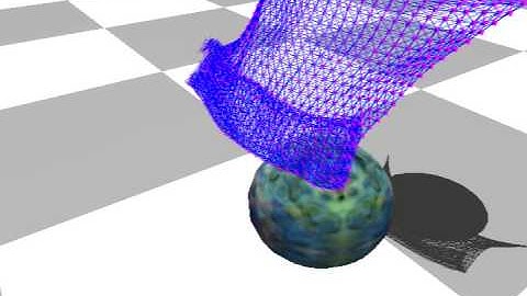 Cloth simulation with sphere/ground collision detection (string-damper model)