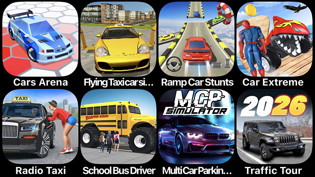 Cars Arena, Flying Taxi Car Simulator, Ramp Car Stunts, Car Extreme, Radio Taxi, School Bus Driver