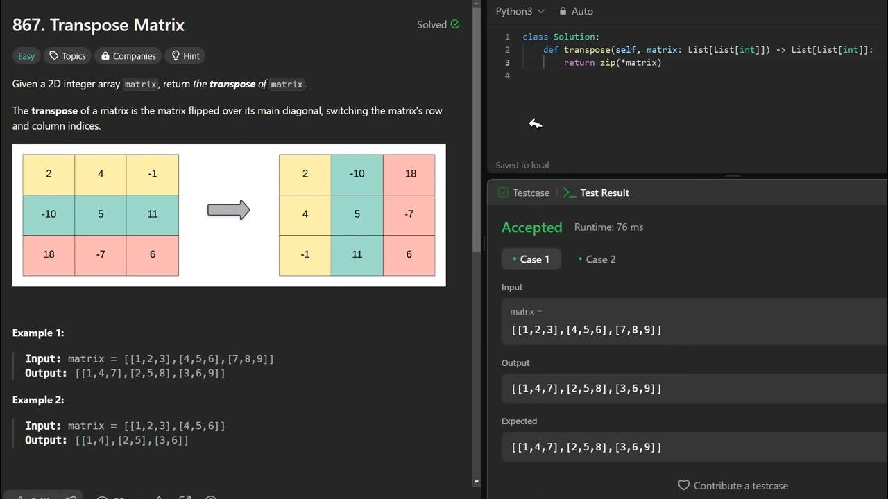 Python C++解Leetcode 867 Transpose Matrix - YouTube