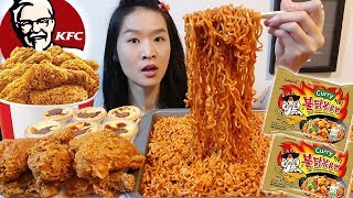 KFC & Curry Fire Noodles!! Crunchy Curry Fried Chicken, Hot & Spicy Ramen | Mukbang w/ Eating Sounds