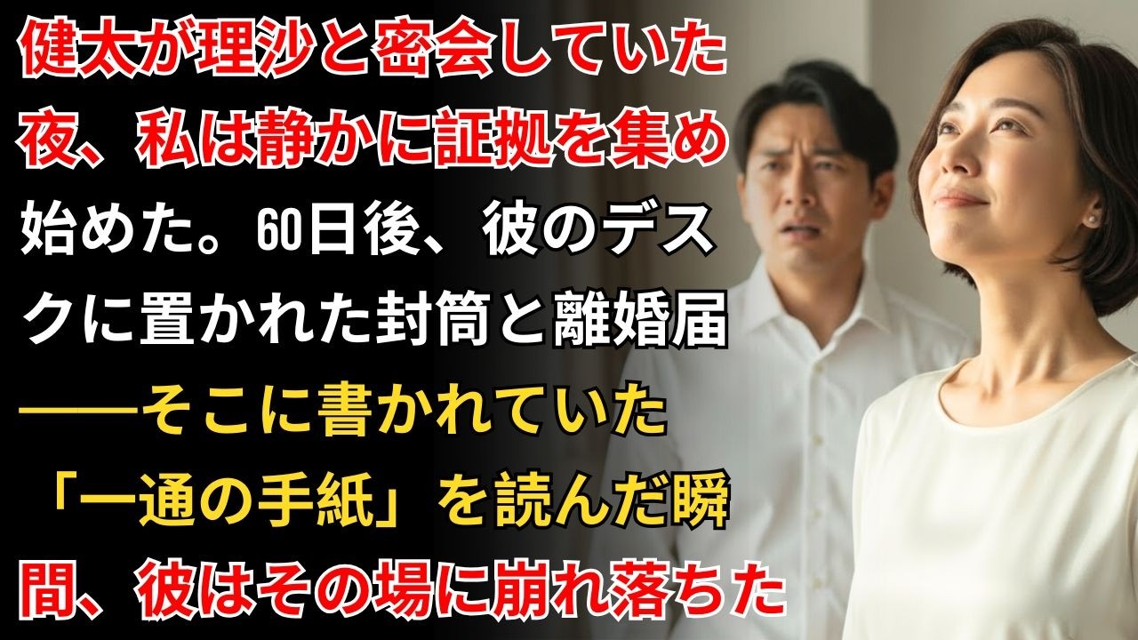 健太が理沙と密会していた夜、私は静かに証拠を集め始めた。60日後、彼のデスクに置かれた封筒と離婚届——そこに書かれていた「一通の手紙」を読んだ瞬間、彼はその場に崩れ落ちた【家庭の修羅場】【冷静な復讐】