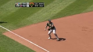 OAK@CLE: Donaldson makes nice grab, fires for the out
