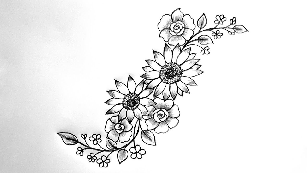 Sunflower And Rose Embroidery Design | Flower Design Drawing ...