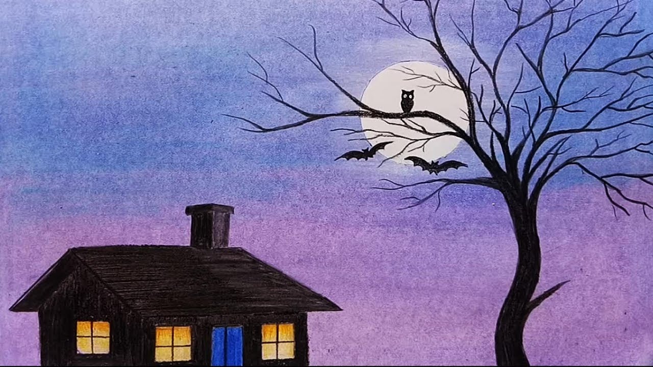  How to draw  scenery  of moonlight  with oil  pastel  step by 