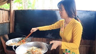 Huỳnh Như đi chợ mua bún gạo với mì làm món chay hấp dẫn là bún xào...