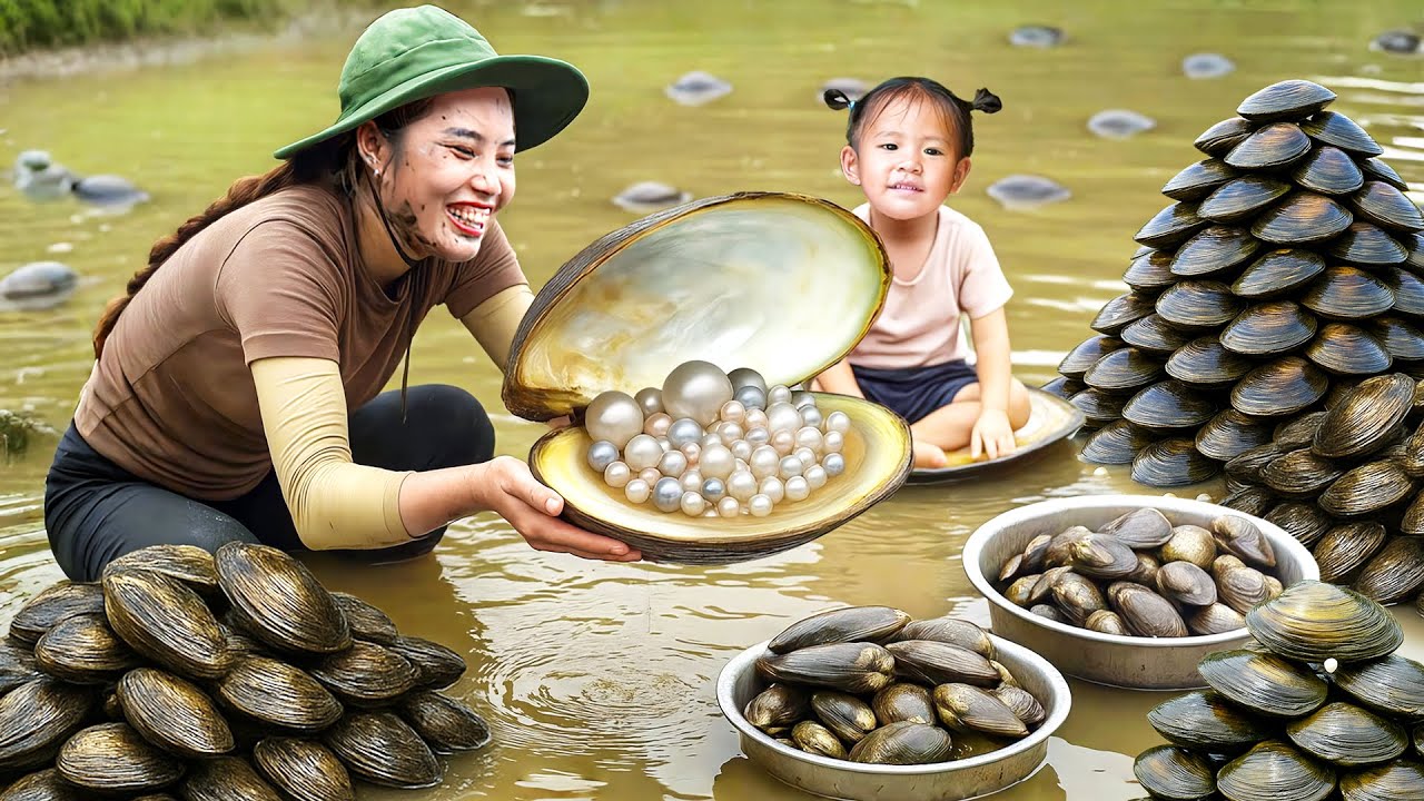 Harvesting 1000+ giant freshwater oysters to sell at the market, cooking meat porridge for my family