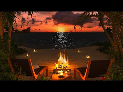 🌴 Beautiful night beach with relaxing waves and bonfire sounds