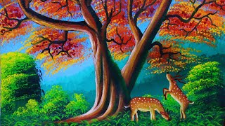 Spring tree and nature drawing | Easy nature scenery painting | prakritik drishya drawing