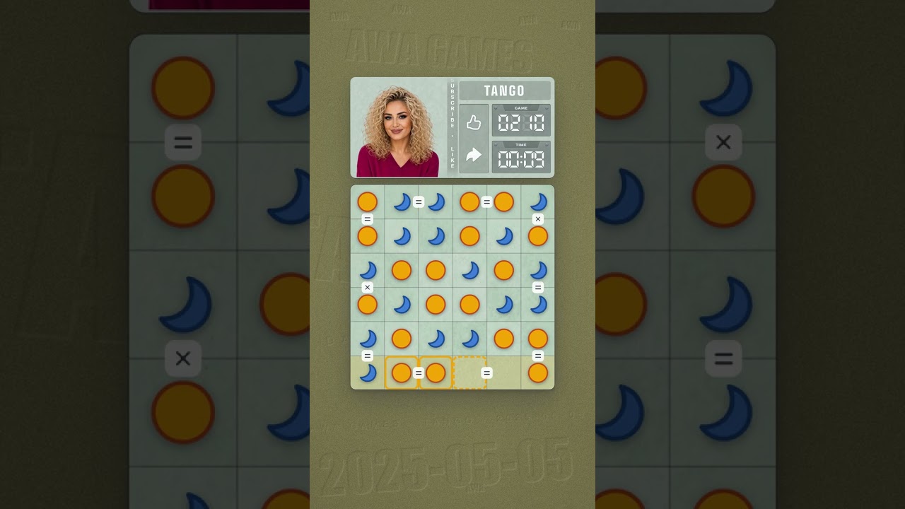 LinkedIn Tango #210 solved board for May 5, 2025, 6x6 grid