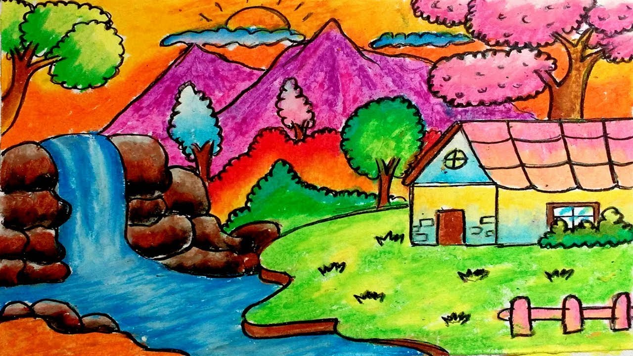 How to draw beautiful nature scenery | Waterfall landscape oil pastel drawing kids anka