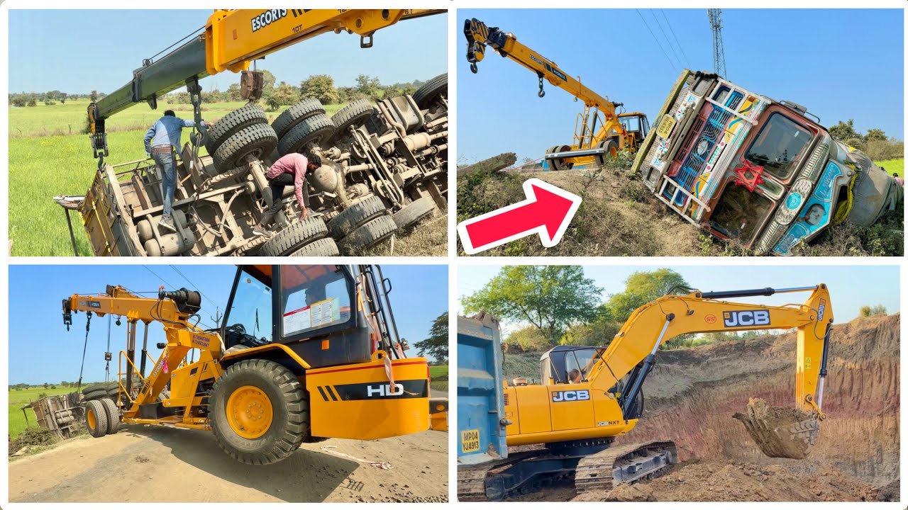 JCB 205 Excavator | Escort Hydra working | Truck Accident Rescue | इसको सीधा करना इतना भी आसान नहीं