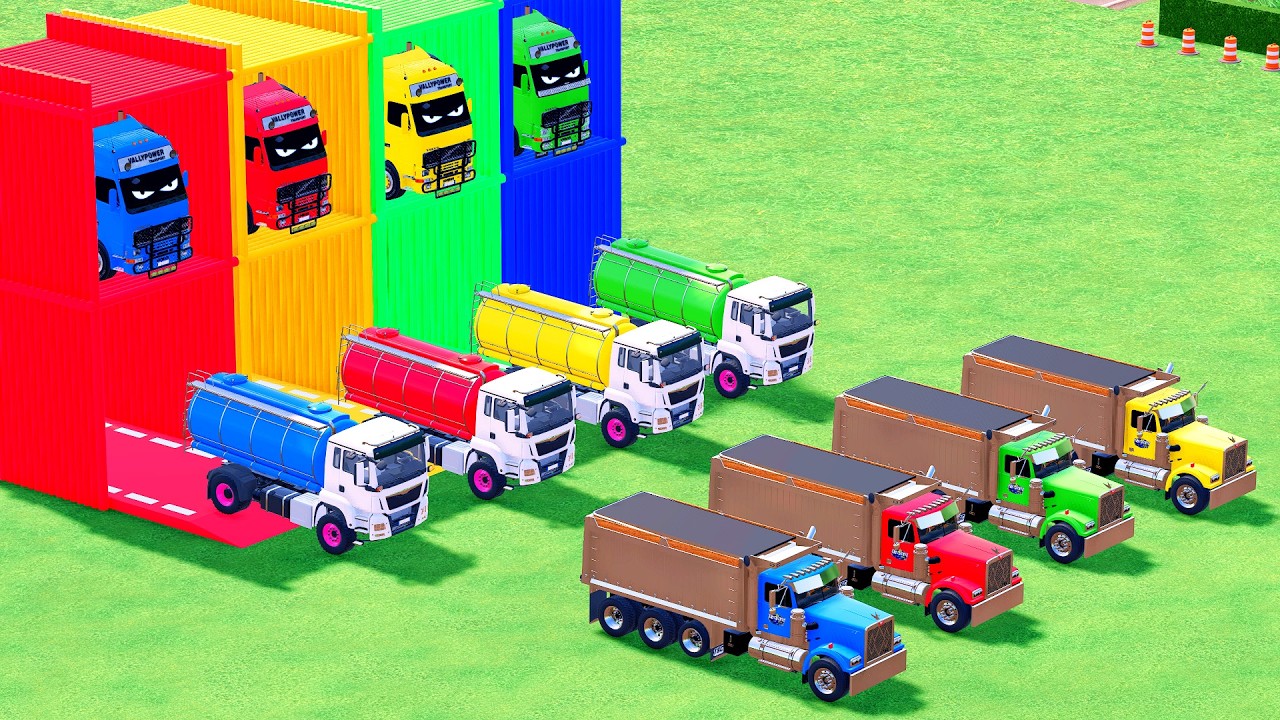 Garage with Colors - ALL MIXER TRUCK WITH DOUBLE FLATBED TRAILER TRUCK, SCANIA, MACK #88 - FS22