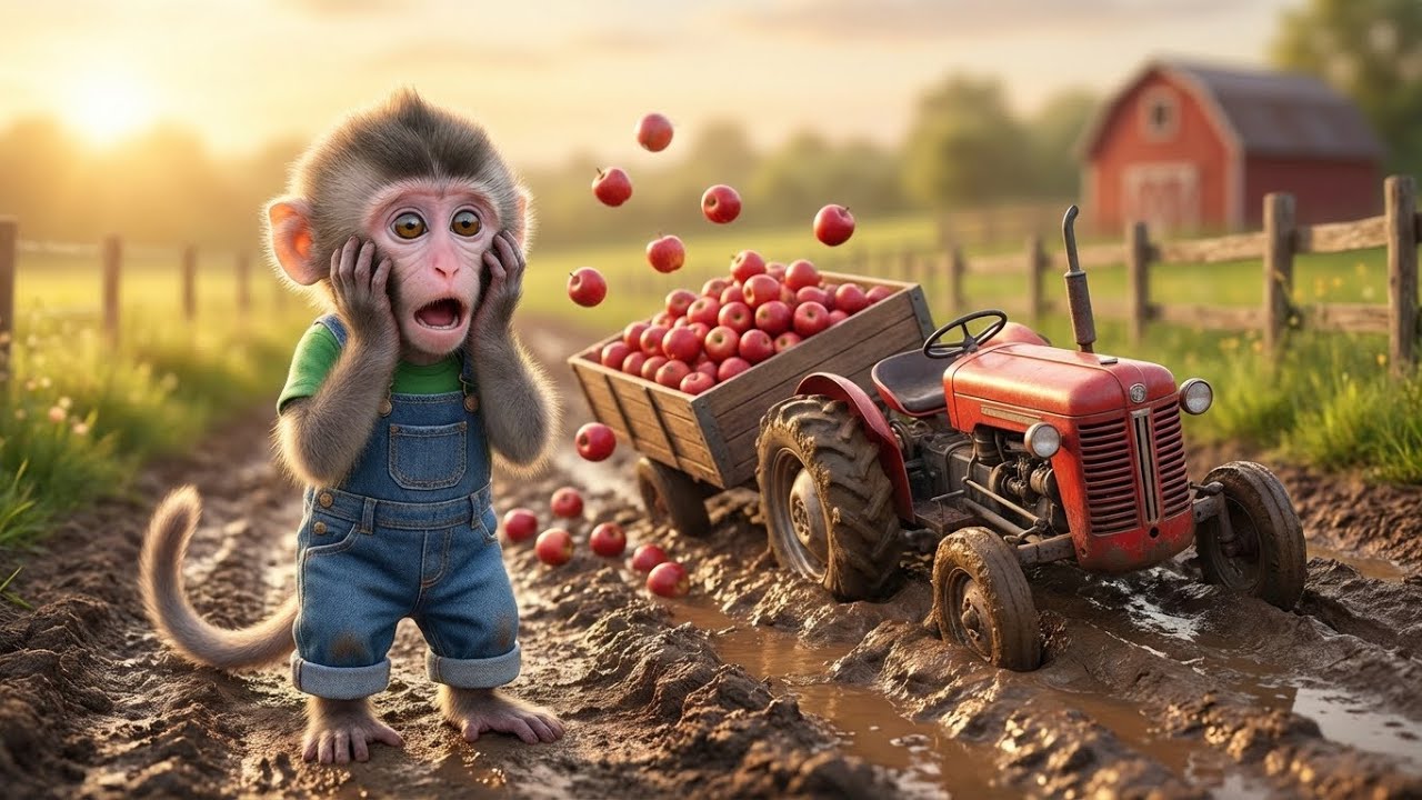 Baby Monkey’s Apple Delivery Disaster! Tractor Stuck in Mud! 🐒🍎🚜
