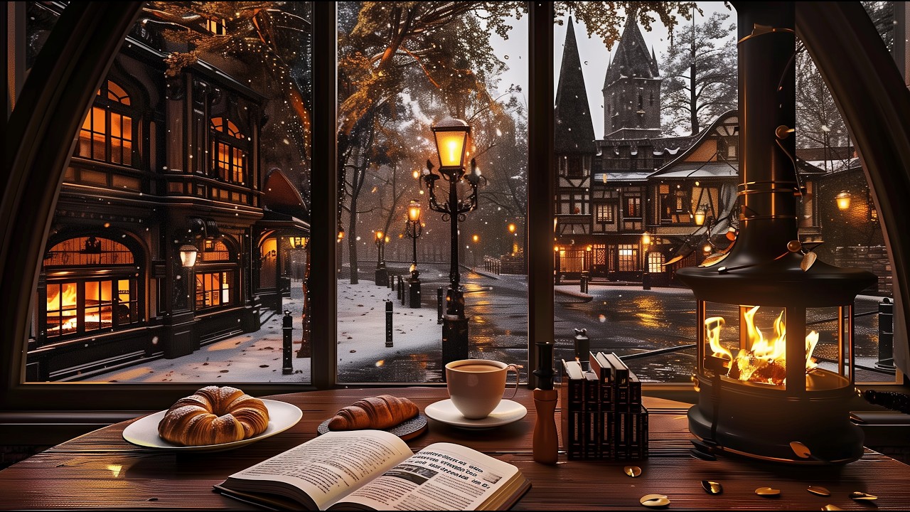 Slow Jazz Piano for Relaxation | Cozy Winter Café with Fireplace Sounds