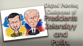 Digital Painting: Caricatures of presidents Zelenskyy and Putin. Ukraine - Russia war.