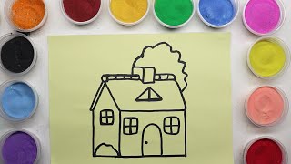 sand painting beautiful house，coloring for kids,  toddlers ， sand coloring videos