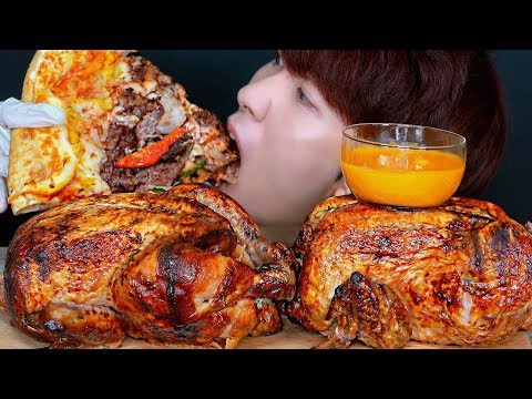 ASMR WHOLE ROTISSERIE CHICKEN BIG PIZZA WITH CHEESE SAUCE MUKBANG EATING SOUNDS SHOW Ayam チキン 먹방
