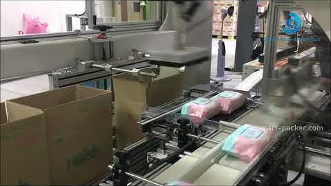 Baby paper tissue bag robot hands sorting picking cartoning machine encasing line packing video